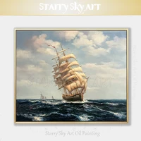 top artist hand painted high quality seascape battleship oil painting on canvas beautiful wall art boat riding wind oil painting