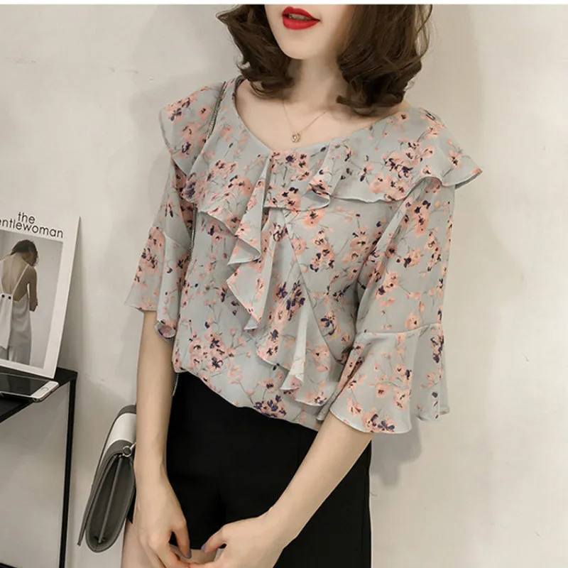 2018 летние топы больших размеров женские модные шифоновые блузки с оборками и v