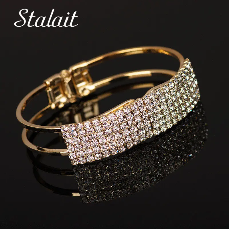 

Statement Full Zircon Hollow Bracelets For Women Trendy Gold/Silver Color Wide Bracelet&Bangle Wedding Pulsera Mujer Gift