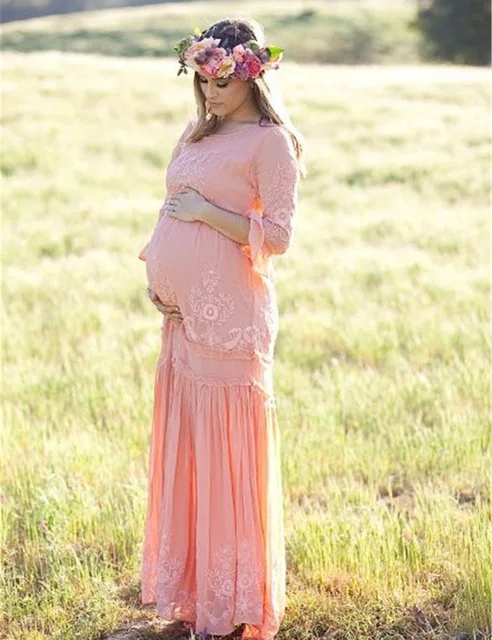 Лето Мода чешского длинное платье материнства хлопок кружева беременность