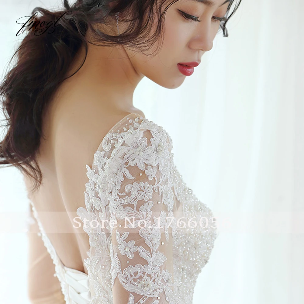 Fmogl Vestido De Noiva кружевное свадебное платье с длинным рукавом Роскошное винтажное свадебное платье трапециевидной формы с овальным вырезом и аппликацией из бисера