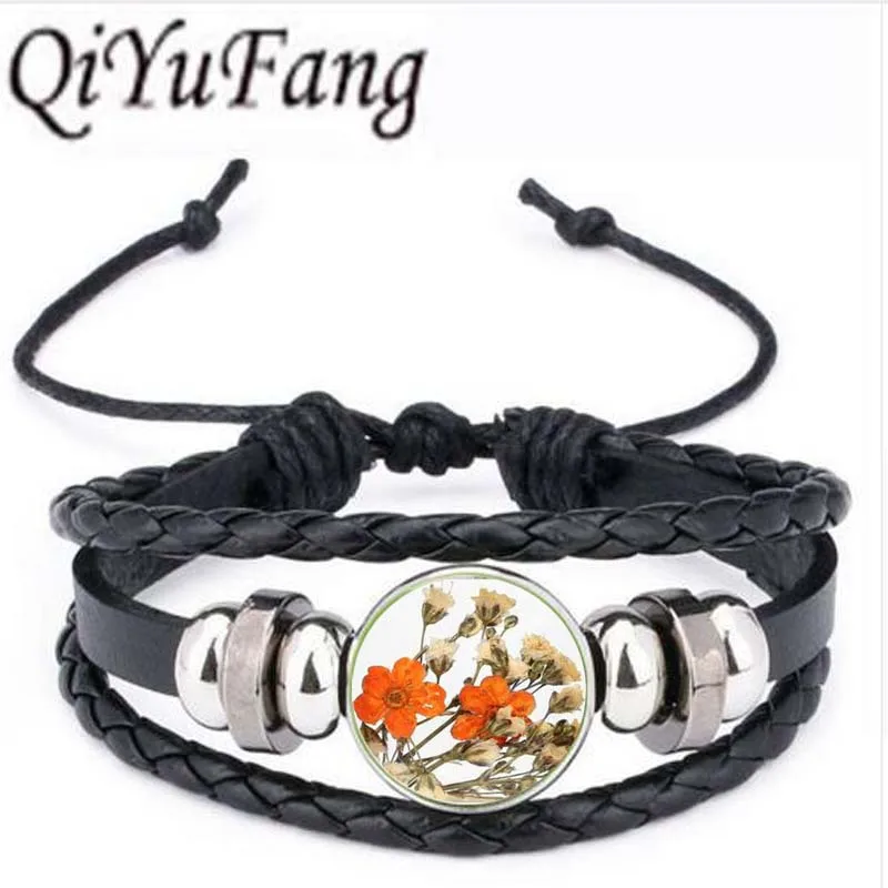 

Qiyufang Dried Flowers Collares Glass Square bracelet bangle Gold Color Statement bracelet bangle Summer Vintage Jewelry