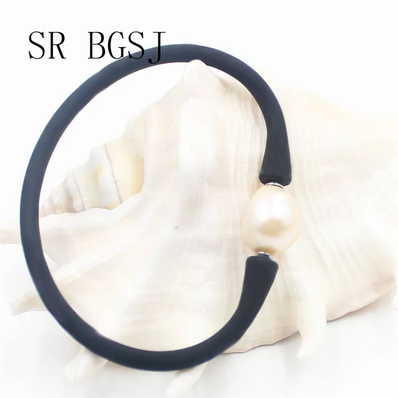 Pink Bead in Black 10-11 мм Женский Мужской Браслет из пресноводного жемчуга силиконовый резиновый растягивающийся браслет 7" - Окраска металла: Pink Bead in Black