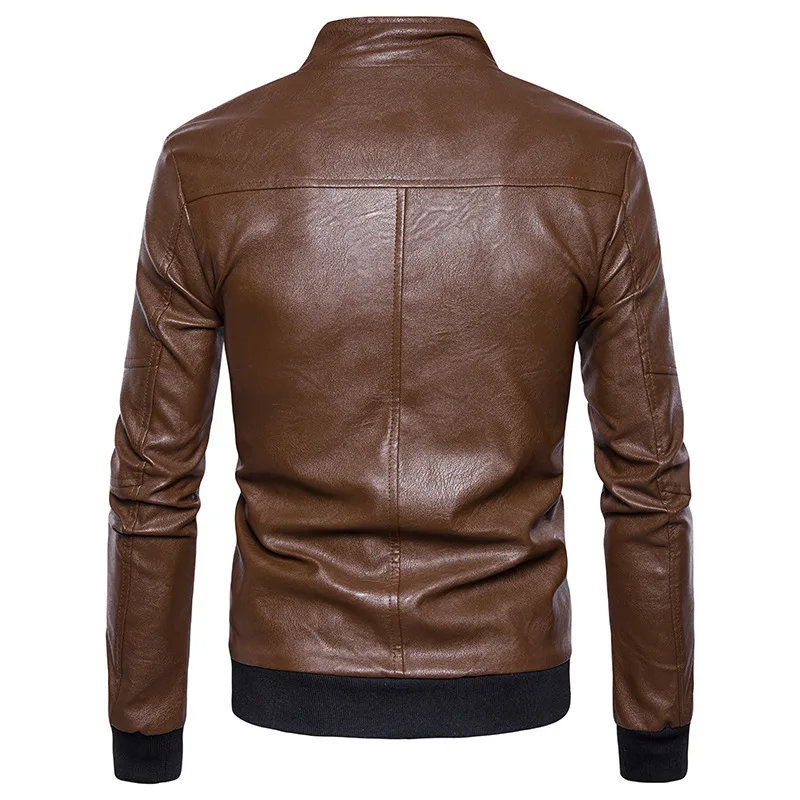 

Men solid color garment jacket new screw-type collar leather motorcycle jacket