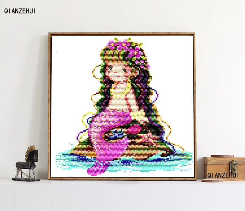 QIANZEHUI Needlework DIY printing The little mermaid Cross Stitch Sets For Embroidery kits Cross-Stitching Wall Home Decro | Дом и сад