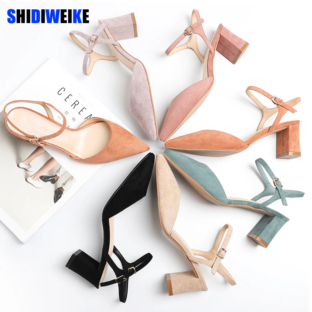 Обувь 2019 г. женские летние из флока обувь на высоких квадратных каблуках