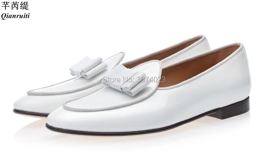 Qianruiti Patent leather Men Slippers Black Suede Loafers Bow Tie Moccasins Casual Shoes Man Flats Party Wedding | Обувь