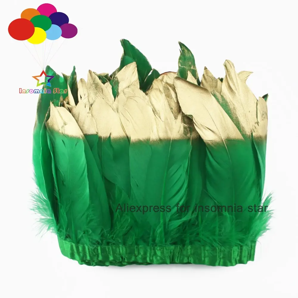 Окрашенное травяно зеленое платье 2 метра гусиное перо бахрома краска золотые