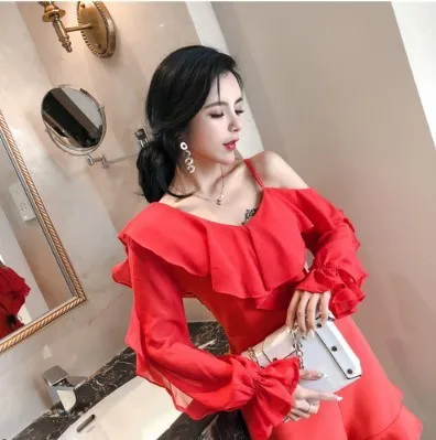 Лето 2018 новый стиль женские комбинезоны сексуальные гофрированные плечи воланы