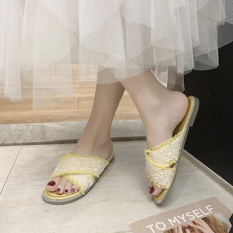 Женские шлепанцы с блестками BeautyFeet повседневные мягкие сланцы на плоской