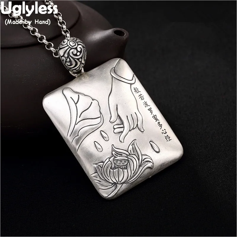 

Uglyless 999 Pure Silver Square Pendants Necklaces NO Chains Buddhism Hand Lotus Fine Jewelry Glossy Heart Sutra Pendant Bijoux