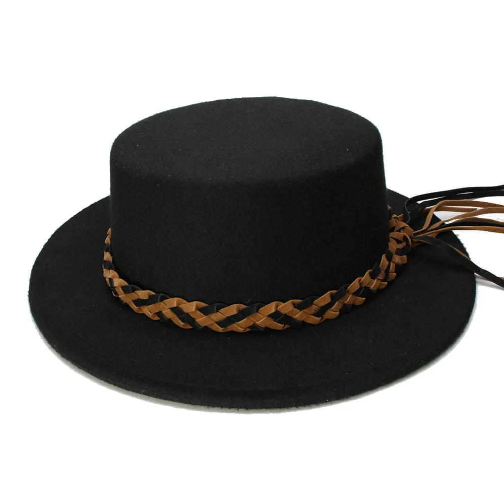 

LUCKYLIANJI Women Men Vintage 100% Wool Wide Brim Round Cap Pork Pie Porkpie Bowler Hat Twist Braid Leather Band (57cm/Adjusted)