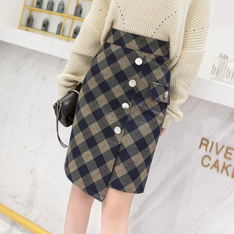 

2018 Autumn winter knee-length skirt wool packet hip empire slim body skirt office lady A-line casual plaid style big SIZE xxl
