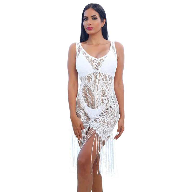 Женское сексуальное прозрачное кружевное пляжное платье с кисточками