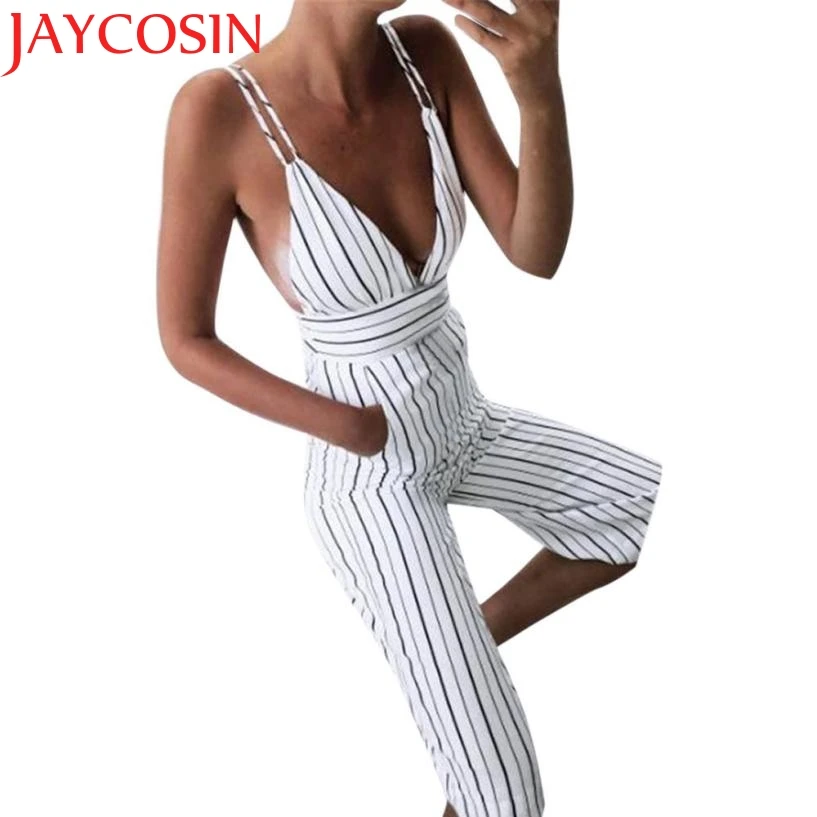 2018 летний женский комбинезон в Вертикальную Полоску без рукавов с открытой