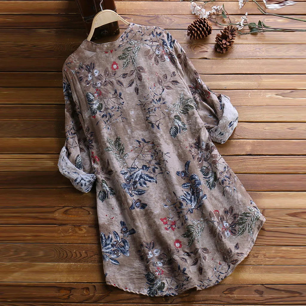 Длинная льняная блузка для женщин размера плюс с принтом и длинным рукавом