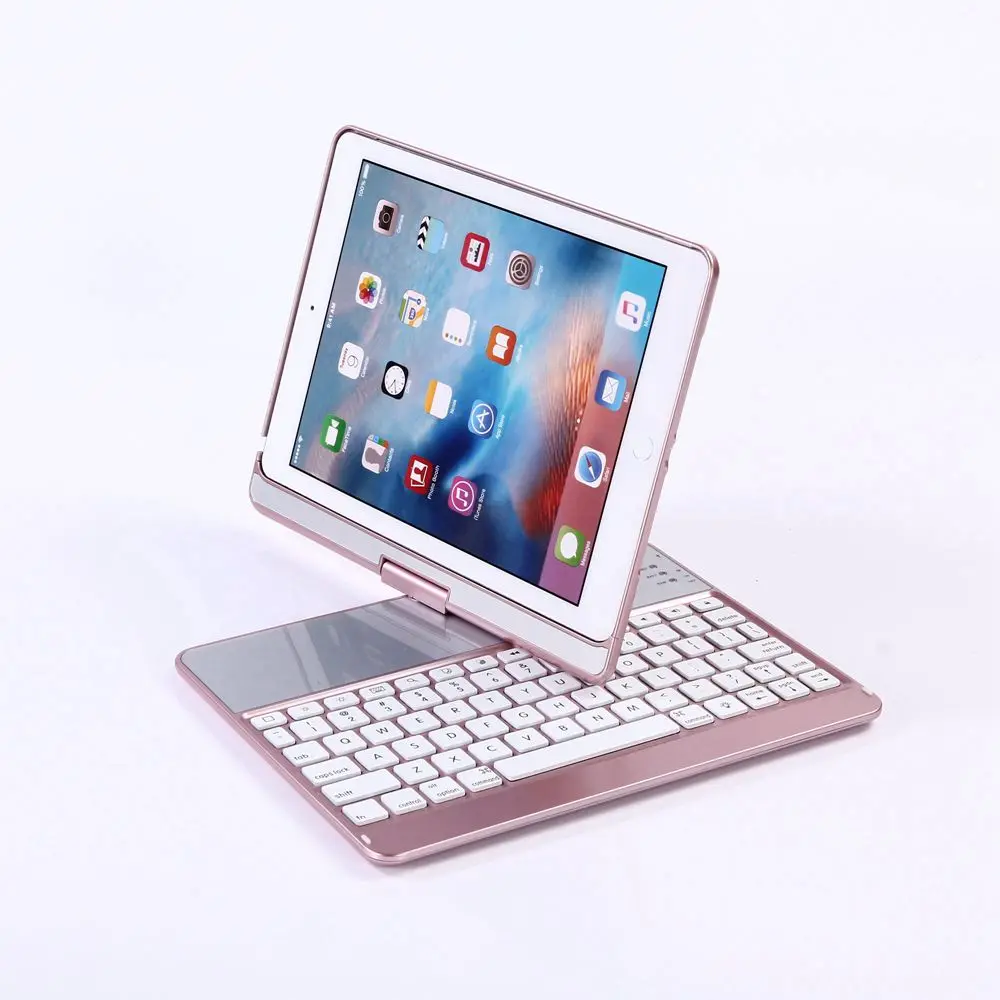 Для iPad Pro 9,7 360 градусов вращение беспроводной Bluetooth клавиатура чехол с 7 цветов светодиодный подсветка - Цвет: Rose Gold