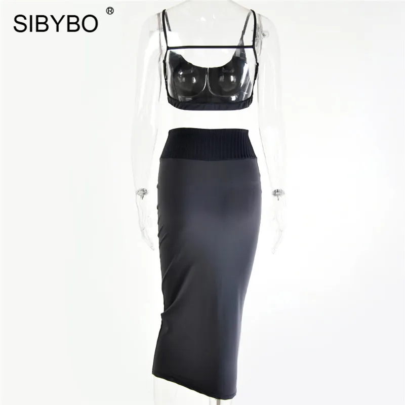 Sibybo Backless Ribbed Sexy Two Piece Set Dress Women Sleeveless Bandage Summer Bodycon Dress High Waist Beach Club Party Dress