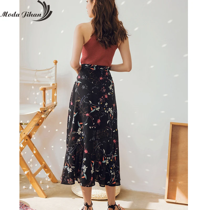 Moda Jihan новые женские юбки Летние шифоновые с цветочным принтом и асимметричным