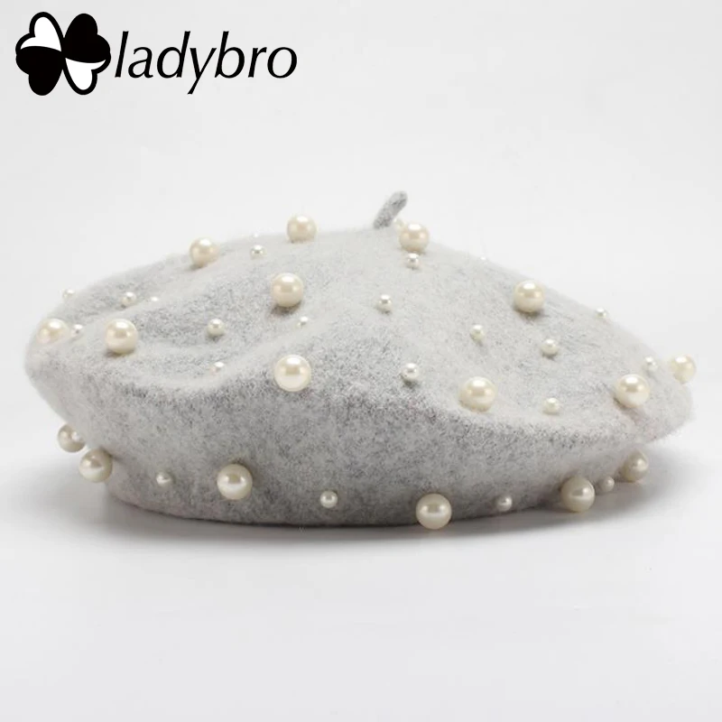 Женская шерстяная шапка Ladybro с жемчужинами осенне-зимний берет женская