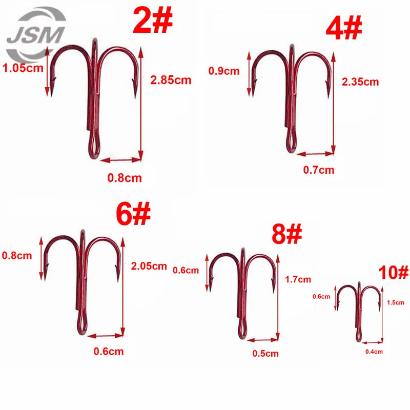 JSM 100 шт. 35647 Высокоуглеродистая сталь тройные рыболовные крючки черные красные