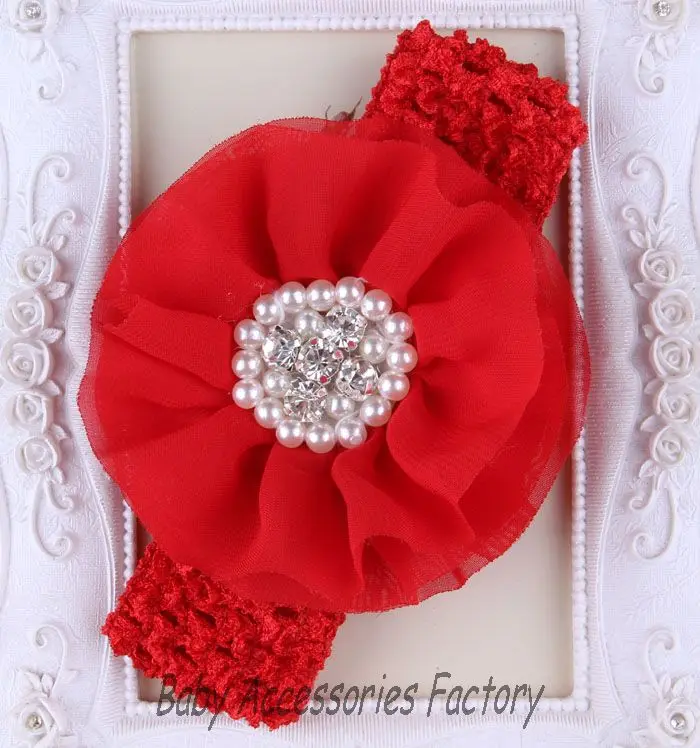 (2 шт./лот) Детские вязаные крючком шифоновые цветочные повязки с жемчужными