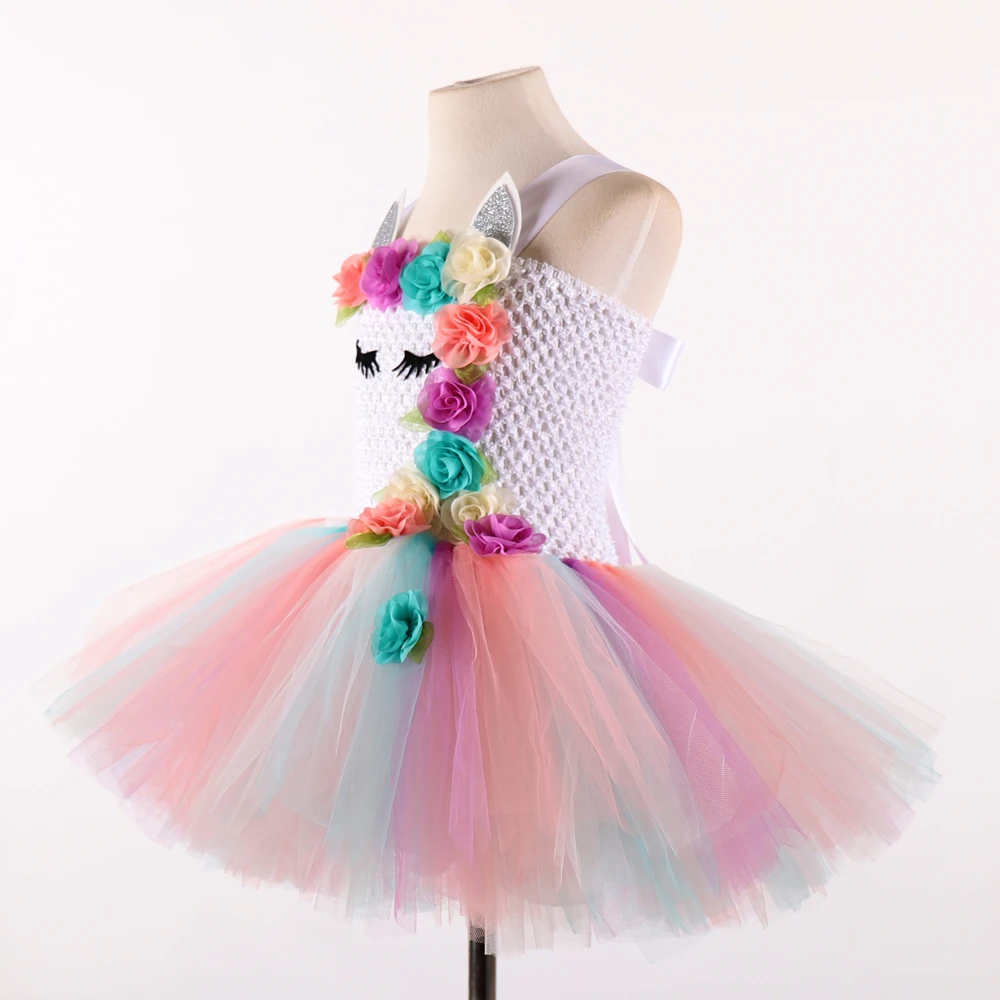 POSH DREAM Peach Pink Flower Kids Girls Party Dresses Unicorn Rainbow Cosplay Costume with Headband New Baby Cloth | Детская одежда и