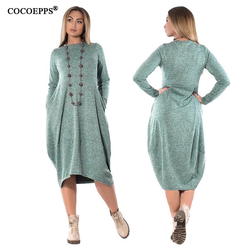 2019 large size winter midi dress O-neck loose casual 5XL 6XL Plus long sleeve women autumn elegant vestidos | Женская одежда