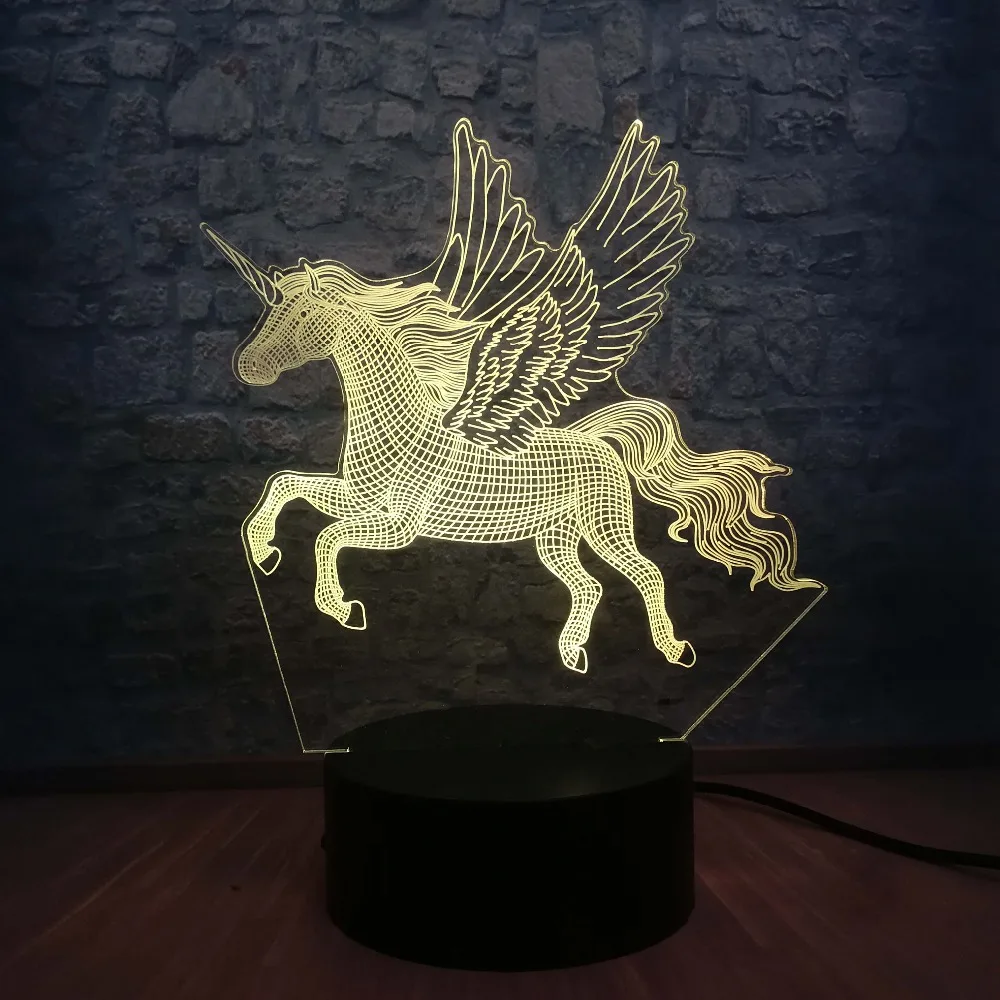 3D животное Единорог Лошадь Ночник светильник светодиодный иллюзия Лампа USB 7