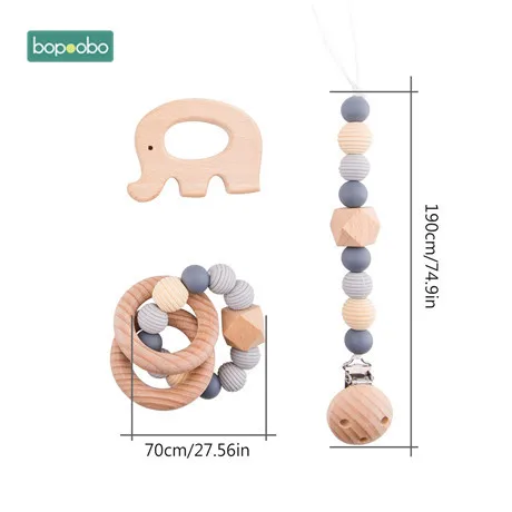 Elephant set Bopoobo 3Pc/Set Silicone Beads Baby Teether Necklace Round Wooden Beads Pendant For Nursing Pacifier Chain Clips Baby Products - Цвет: Elephant set