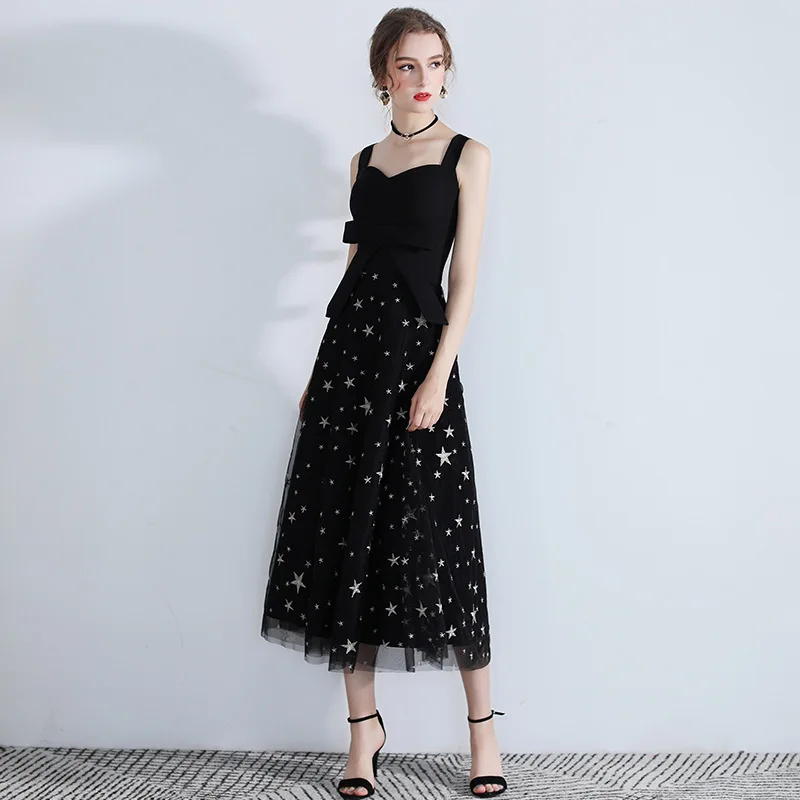 Простой Черный Спагетти ремень Кружева Vestidos De Festa без рукавов чай Длина