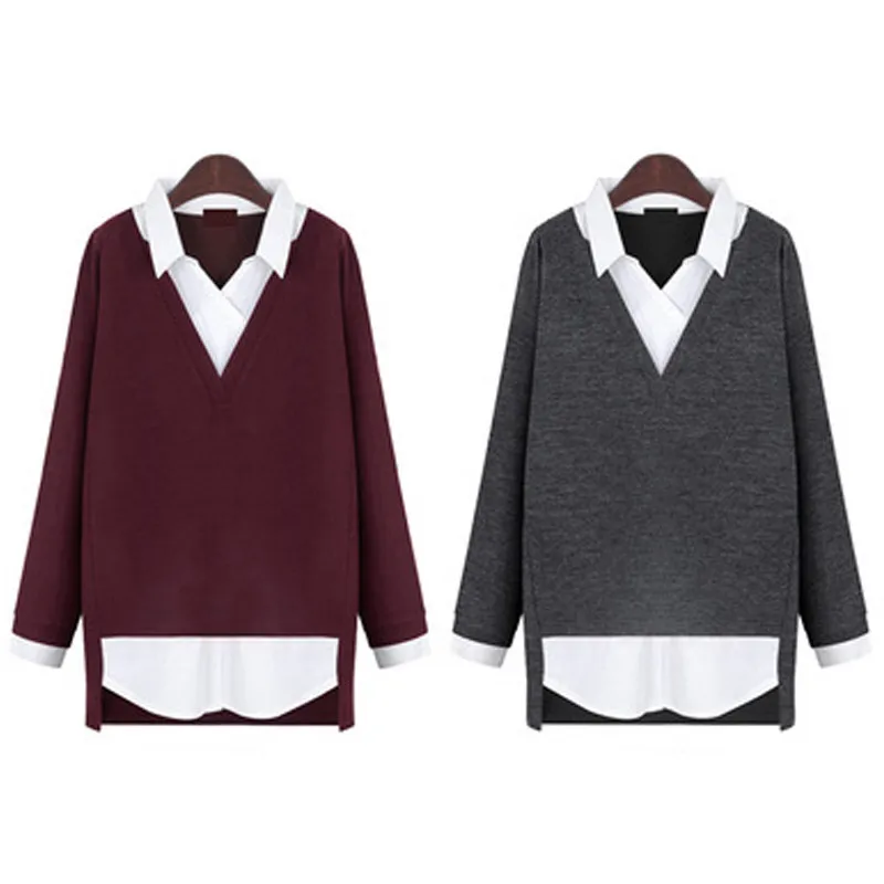 Retro tricot blusas 2019 Women tops Fake two-piece shirt turn-down collar sweater slim clothing women plus size 5XL | Женская одежда
