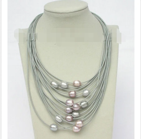 

17"-24" 15row 14mm purple Gray pearls leather necklace magnet clasp j8796 ^^^@^Noble style Natural Fine jewe FREE SHIPPING