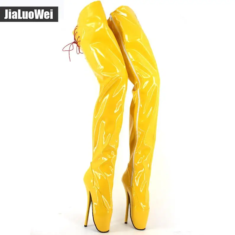 Yellow shiny Jialuowei/Новинка, брендовые пикантные ботфорты на очень высоком каблуке 18 см, на шнуровке, с острым носком, на тонком каблуке, высокие сапоги до бедра, сапоги до промежности - Цвет: Yellow shiny