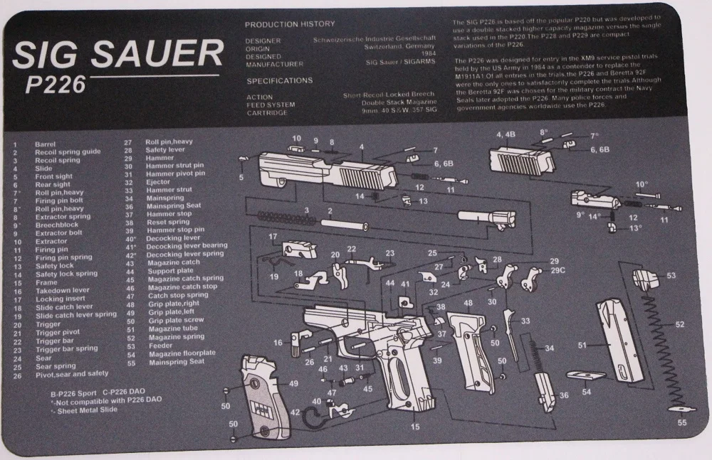 Резиновый коврик для чистки Sig Sauer P226 водонепроницаемый нескользящий 17x11 дюймов с