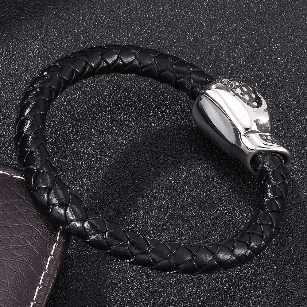 Fashion Jewelry Black Braided Leather Bracelets Men Stainless Steel Leahter Cool Skull Bracelet E0062 | Украшения и аксессуары