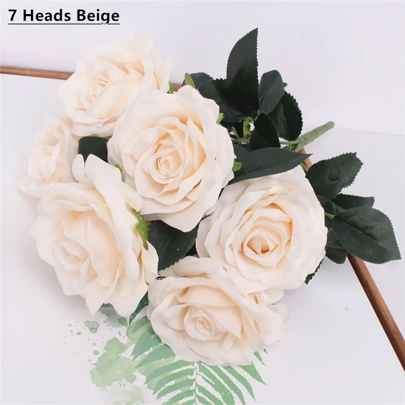 7 heads beige Дешевые 7/9/10 глав один пучок искусственный букет роз Шелковый декоративный цветок Свадебная вечеринка Рождественский Декор цветок материалы искусственные цветы тычинки цветов декор дома - Цвет: 7 heads beige
