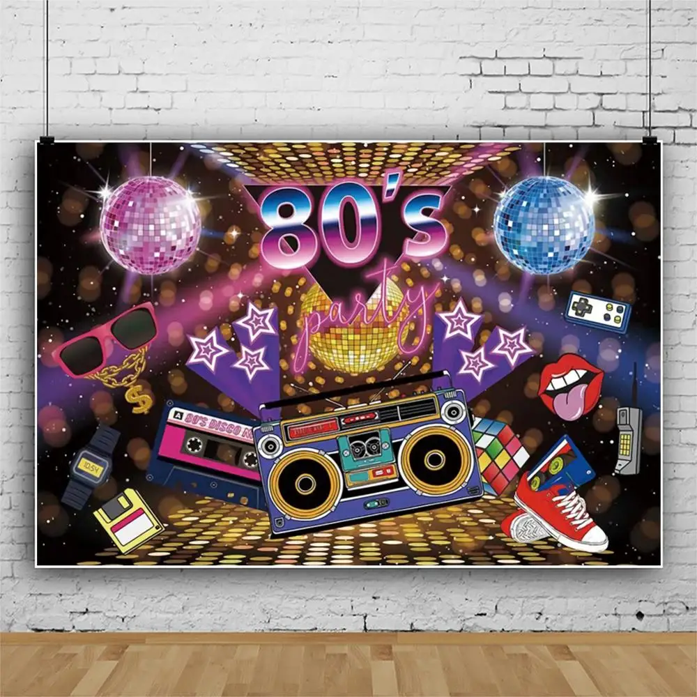 Laeacco Welcome To 80's Disco Party Baby Cartoon Poster Portrait Photo Backdrops Photography Backgrounds For Photo Studio