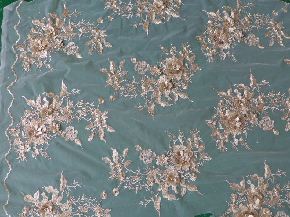 

Champagne Gold Embroidered Dress Material Party Dress Fabric Beaded Mesh Lace Fabric With Sequins-12 Pieces Appliques
