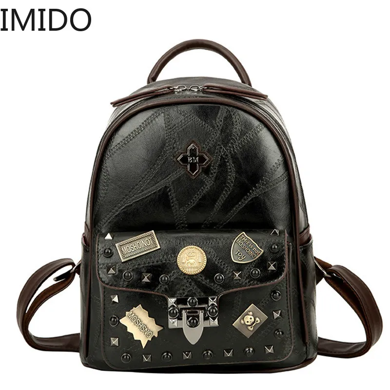 IMIDO винтажный кожаный женский рюкзак 2019 Модные металлические аппликации
