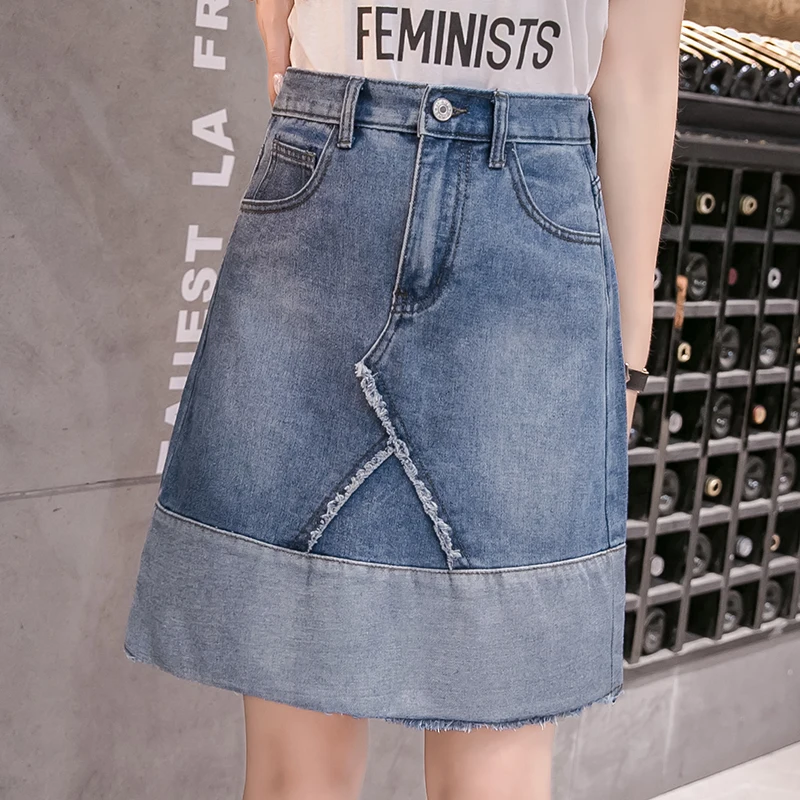 Новая летняя джинсовая юбка с завышенной талией Женская цветным сочетанием без