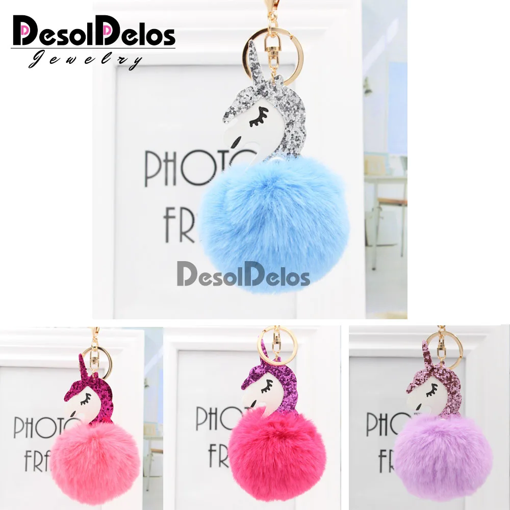 

2022 Hot Pompom Unicorn Keychain Colorful Fake Rabbit fur ball Fluffy licorne Key Chain Horse porte clef Wome Bag Car Keyring