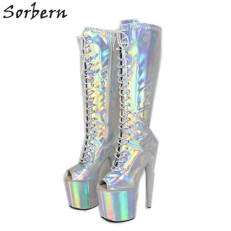 Silver Sorbern/голографическая обувь; экзотические сапоги для танцев; сапоги до колена с открытым носком на заказ; обувь для стриптиза; обувь на высоком каблуке 20 см; экстремально высокие каблуки - Цвет: Silver