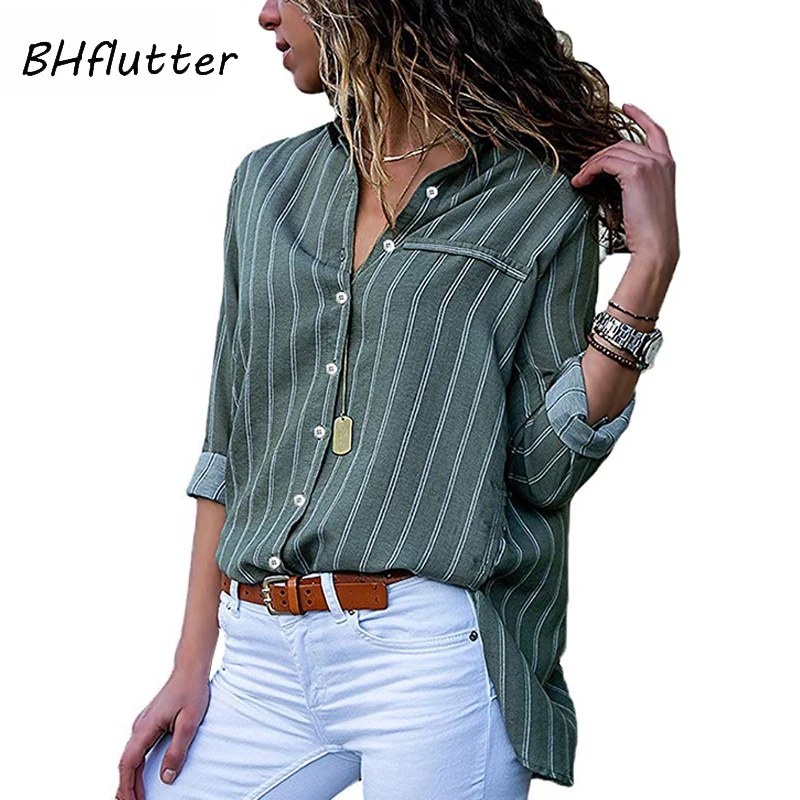 BHflutter женская блузка рубашка 2018 Модные Полосатые шифоновые блузки с принтом и