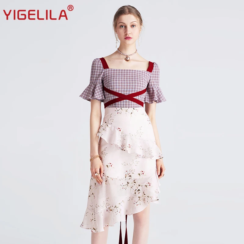 YIGELILA Latest Women Ruffles Dress Fashion Square Neck Flare Sleeve Knee Length Plaid Patchwork Print Dress 62769