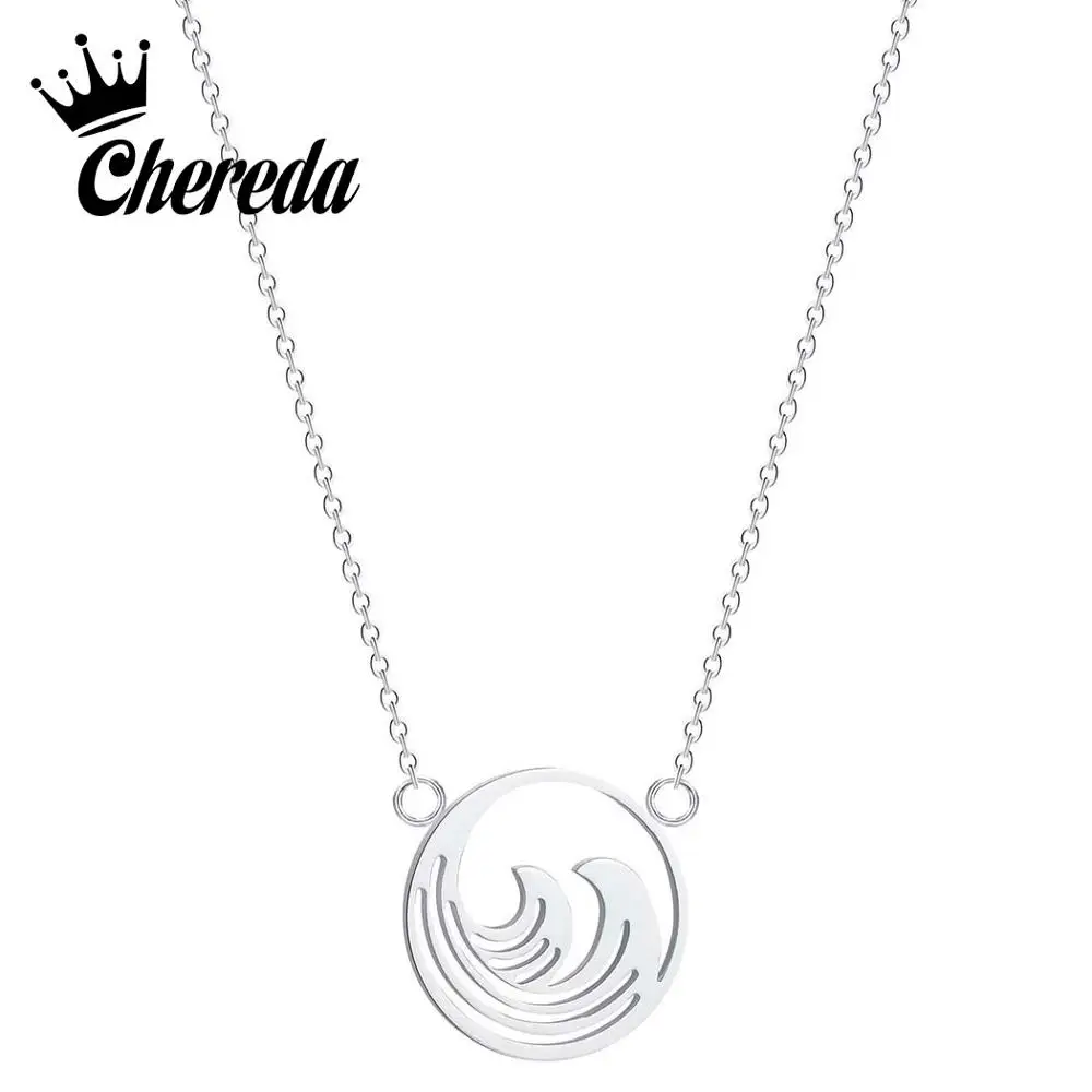 Chereda Stainless Steel Wave Hollow Necklace for Women Men Summer Beach Pendants Necklaces Kids Jewelry Choker | Украшения и