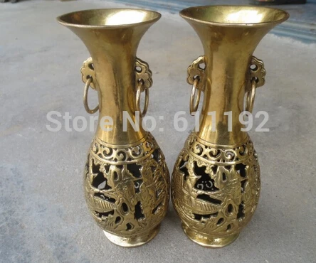 Qianlong pair старый Тибет домашний декор латунные полые узоры вазы|vase brass|vase decoration