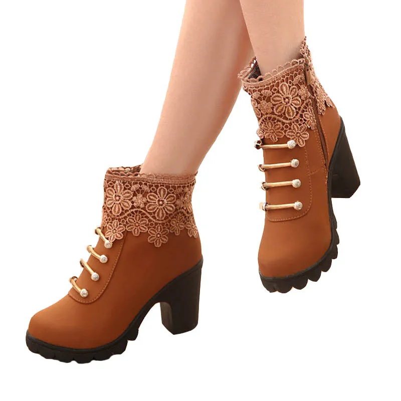 Brown Women Boots Ankle High Heels Thick Bottom Shoes New British Style Lace Rhinestone PU Woman | Обувь