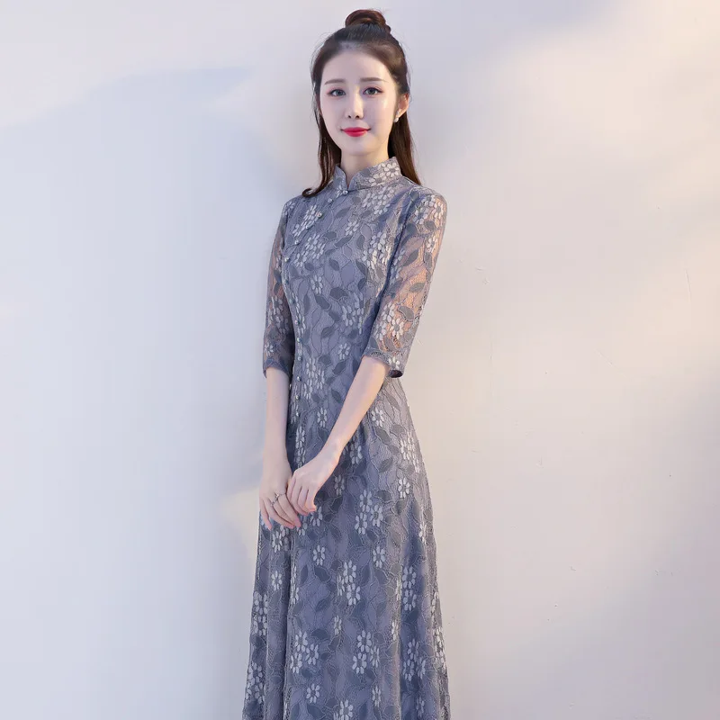 Sexy Lace Vietnam Aodai Three Quarter Sleeve improved cheongsam Long Vintage Mandarin Collar Qipao Plus Size M-4XL | Тематическая