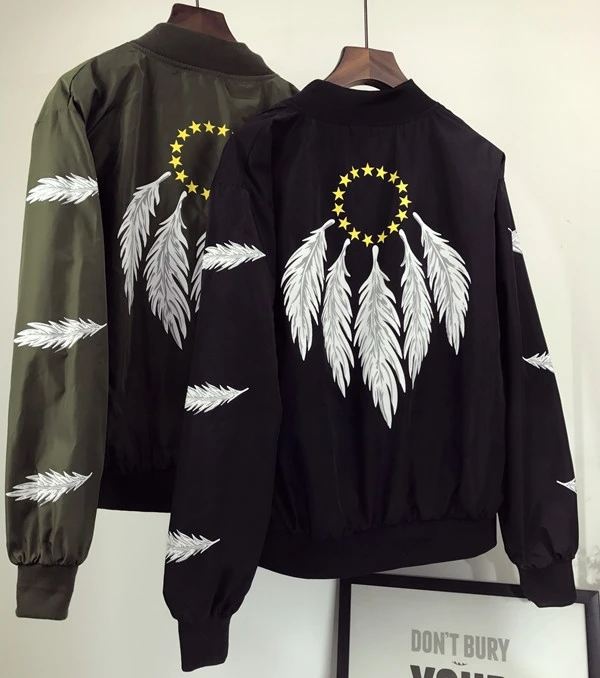 2017 Новая Мода Перо Печати Бейсбол Куртка Свободные Тонкий Стенд Ошейник С